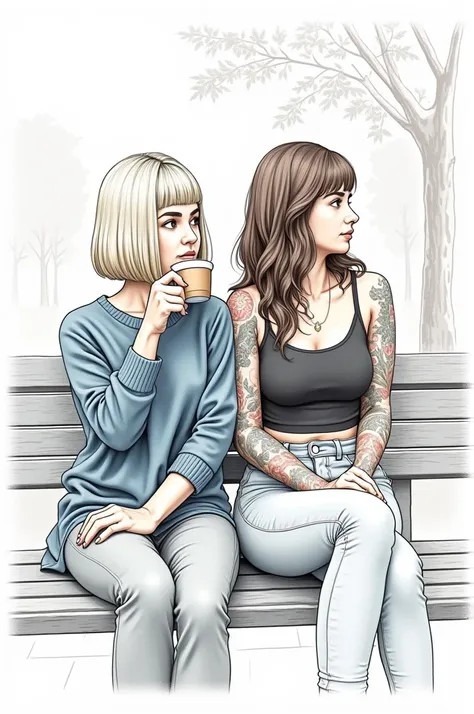 A drawing with detailed lines of two colleagues drinking coffee on a bench. They watch people pass by and drink coffee.. The first girl has straight platinum blonde hair., she has a square up to her shoulders and she has a blue sweater. The second girl has...