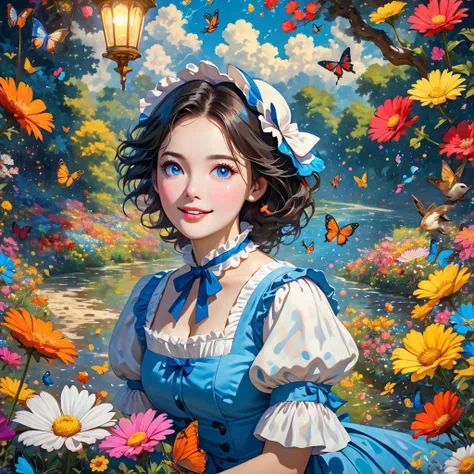 A woman, Alice in the wonderland but in snow white version, whimsical surround of forests, wave, joyful, humour, curious or playful,any kind of flowers, bubbles surrounding, birds and butterflies, river, scattered flowers, niji, journey, vibrant colour and...