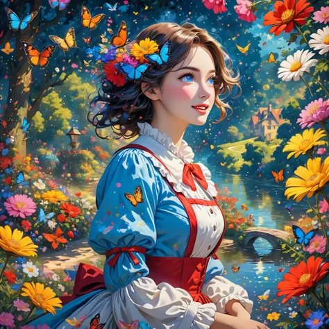 A woman, Alice in the wonderland but in snow white version, whimsical surround of forests, wave, joyful, humour, curious or playful,any kind of flowers, bubbles surrounding, birds and butterflies, river, scattered flowers, niji, journey, vibrant colour and...