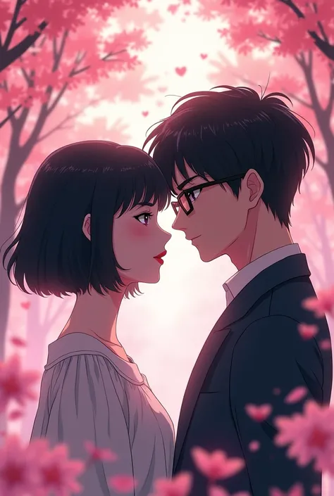 a woman with short black hair with bangs with white skin and a masculine man with black hair and white skin anime style glasses and a background of pink cherry trees