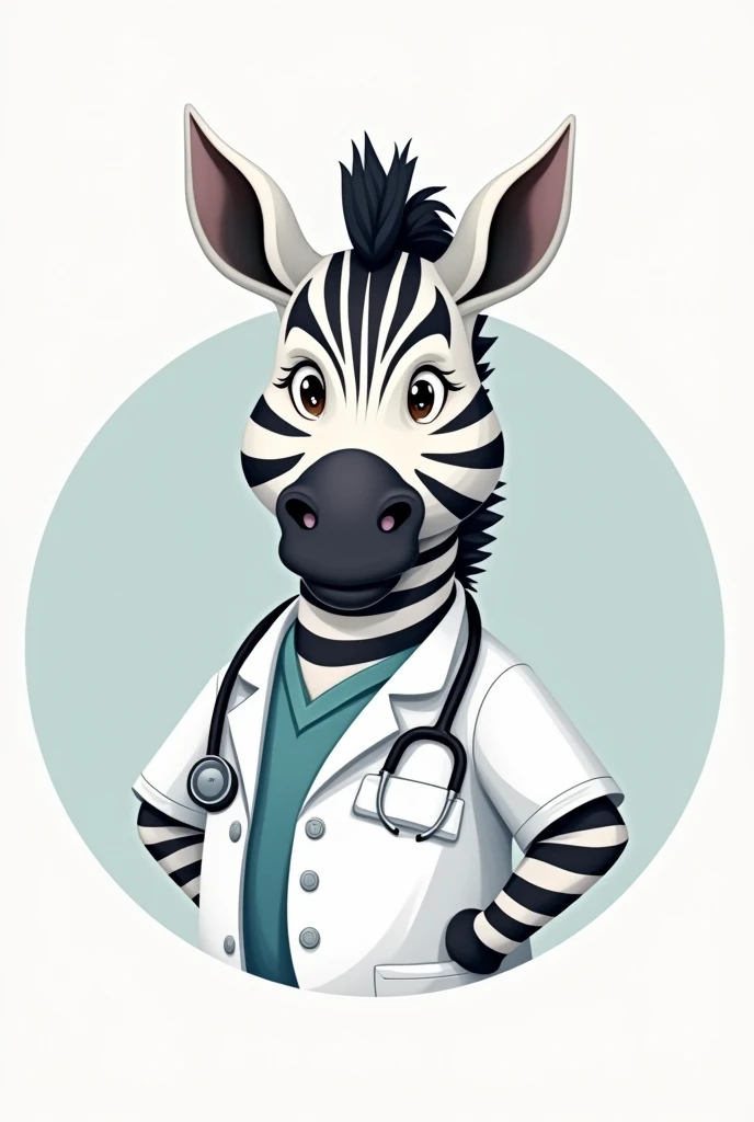 a logo for a medical supplies company, of a zebra dressed as a doctor, in pastel tones, the logo in circular form