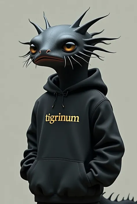 I want a serious realistic black axolotl with a sweatshirt that says TIGRINUM