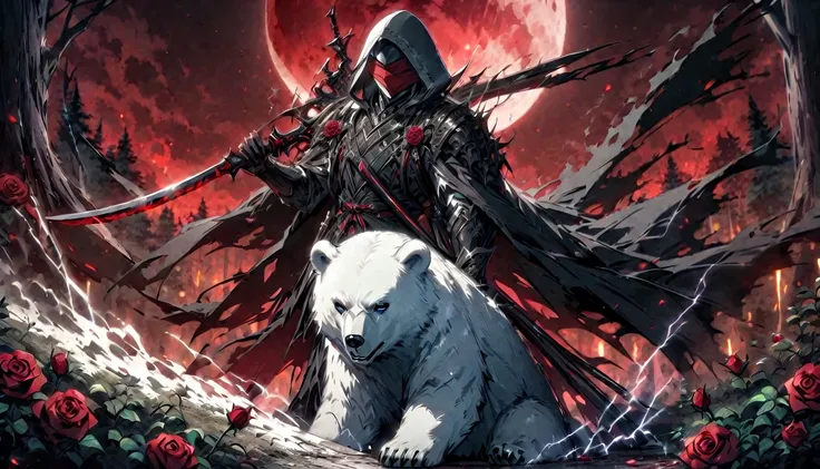 one man with a white hood with bear ears and a katana sits next to a polar bear in a forest while the blood moon shines, many ro...