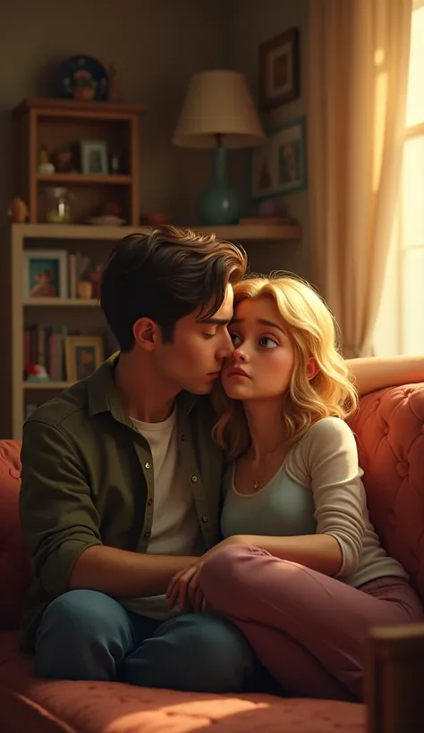 A sad handsome guy with his sad blonde wife at their home , pixar, cinematic, masterpiece, high-aesthetic