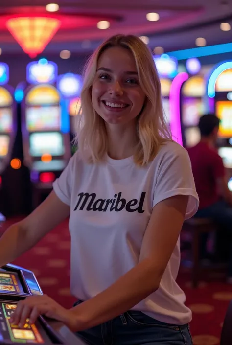 Blonde girl with a t-shirt that says Maribel&#39;s name, playing casino 