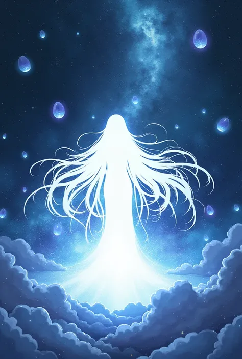 Luminous white silhouette, silhouette of a long luminous white hair,Around the many cosmic eggs, Galaxies atmosphere, divine power, anime style. 