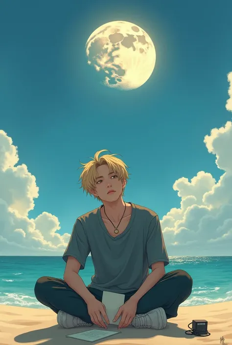 A picture of Jimin with blonde hair sitting on a beach in the sand with his knees bent, and his face reflects sadness and peace at the same time as he watches the sun meet the moon in the sky, that there is a small voice recorder on your side, and this is ...