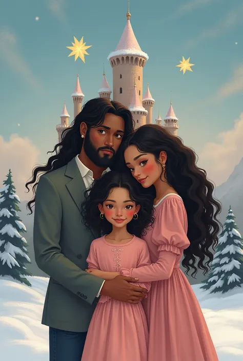 Make a drawing where there is an eleven-year-old girl with white skin and black hair wearing a pink dress and her parents are a man with very long hair and a black-skinned woman with curly hair..There are two stars in the sky, a castle and snow 