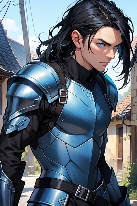 naughty man,black hair, blue colored eyes, skin black,  Simple Armor, in a small village