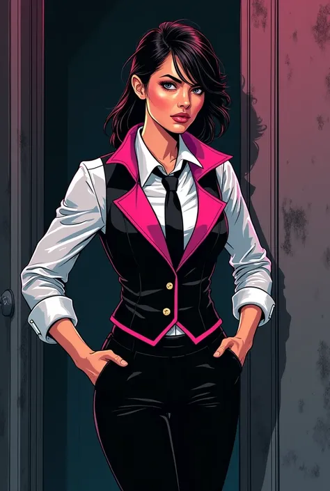 Drawing of a female detective wearing black trousers and vest, with fuchsia edges, white shirt and black tie.