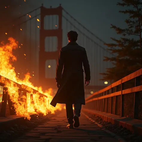 (photorealism:1.2), masterpiece, Best quality, super detail, Sharp Focus, ultra realism, super realism, 8k, sharp textures, detailed skin texture accurate anatomy, a brunette man walks across a bridge in the background, there is a fire in the foreground, n...