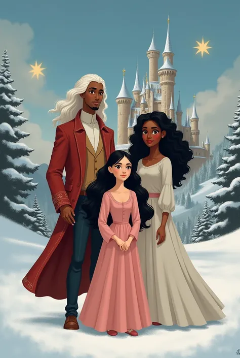 Make a drawing where there is an eleven-year-old girl with white skin and black hair wearing a pink dress and her parents are a man with very long hair and white skin and a black-skinned woman with curly hair..There are two stars in the sky, a castle and s...