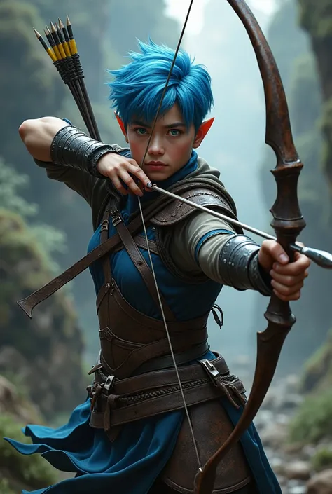 half elf warrior with short blue hair and bow