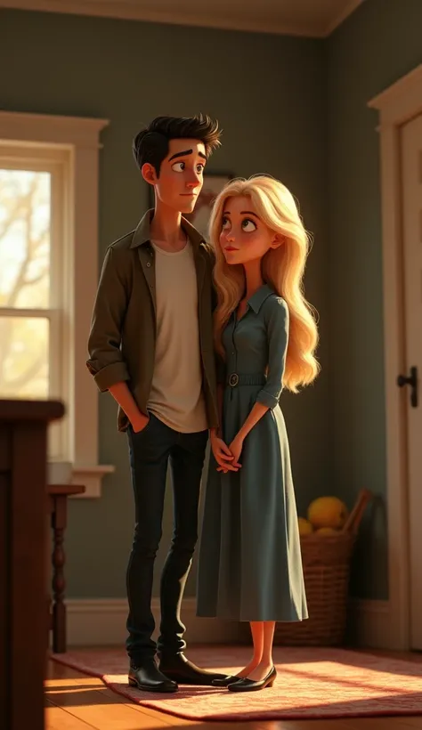 A sad handsome guy with his sad blonde wife at their home , pixar style, cinematic, masterpiece, high-aesthetic 