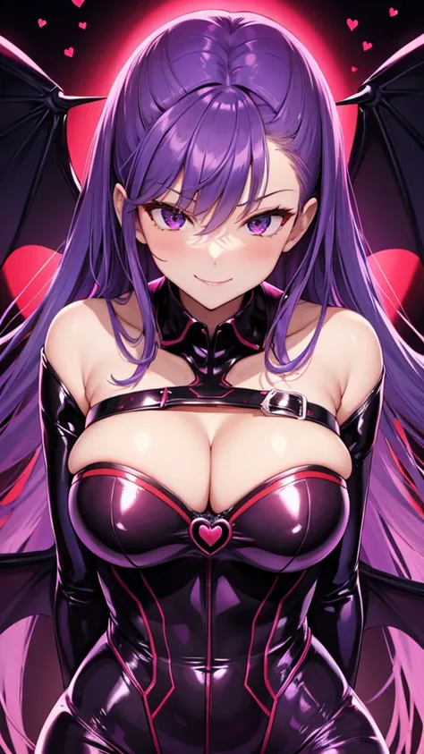 Erotic　Tall busty adult married woman, female executive in shiny purple rubber suit, red heart on black background, bedroom, dark theme, evil, temptation, excitement, condescending smile, sexy pose, upper body emphasis, lying on man, angle from below, bat ...