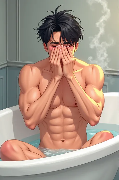 Create a 20 year old man in manga form in the bathtub naked embarrassed him, sexly, gostoso 
