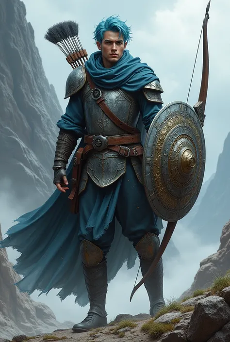 half elf male warrior with short blue hair with bow and sword and shield