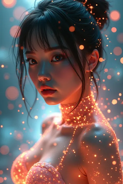 ((Best quality)), ((masterpiece)), (detailed:1.4), 3D, an image of a beautiful cyberpunk  Asian female with thick voluminous boobs,light particles, pure energy chaos antitech,HDR (High Dynamic Range),Ray Tracing,NVIDIA RTX,Super-Resolution,Unreal 5,Subsurf...