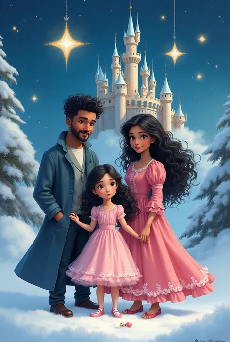 Make a drawing where there is an eleven-year-old girl with white skin and black hair wearing a pink dress and her parents are a man with very long black hair and white skin and a black-skinned woman with curly hair..There are two stars in the sky, a castle...