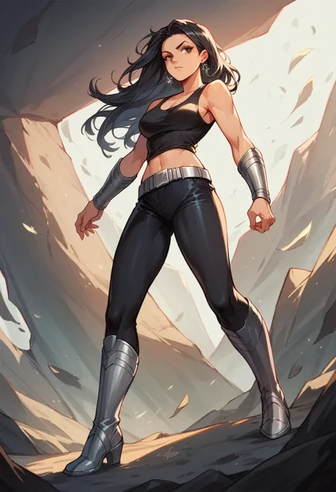 1girl, long black hair, earrings, black tank top, silver belt, black leggings, silver bracers, silver long boots, marvel hero