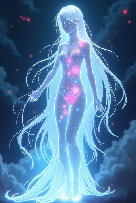 Luminous white silhouette, silhouette of a long luminous white hair,In this hair  the Multiple multicolored Bright Cosmic eggs , Galaxies atmosphere, divine power, anime style. 