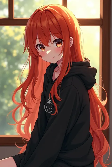 (photorealism:1.2), there is a woman with red hair sitting on a window sill, anime girl with long hair, ilya kuvshinov with long hair, with red hair, red haired girl, she has red hair, red hair girl, beautiful anime portrait, beautiful anime girl, with lon...