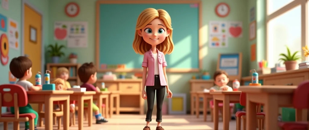 Seed Number: 12 - A teacher with 4 blonde hair, medium size on the shoulders, blue eyes, black pants, light pink blouse, brown shoes. She is in a kindergarten classroom, a colorful and fun place.  Consistent character, pixar style