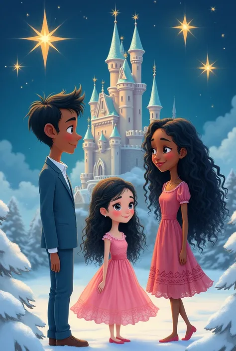 Make a drawing where there is an eleven-year-old girl with white skin and black hair wearing a pink dress and her parents are a man with very long black hair and white skin and a black-skinned woman with curly hair..There are two stars in the sky, a castle...