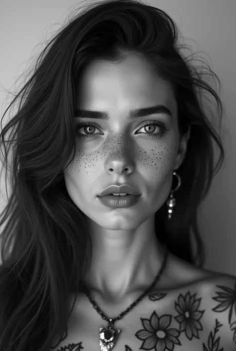 A hyper-realistic black and white portrait of a woman with freckles and long hair, featuring detailed tattoos and jewelry.