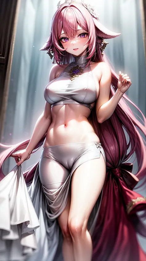 purple eyes,Wedding dress,long skirt,crop top,pink hair