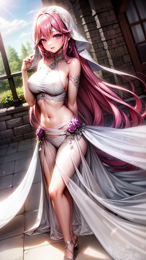 purple eyes,Wedding dress,long skirt,crop top,pink hair