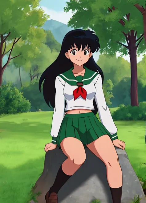 kagome, 1girl, solo, long_hair, looking_at_viewer, smile, bangs, black_hair, long_sleeves, navel, brown_eyes, sitting, school_un...