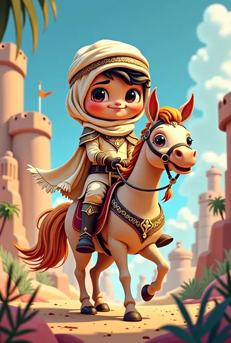 An Arab knight child marked in a cartoon way and a cartoon horse rider