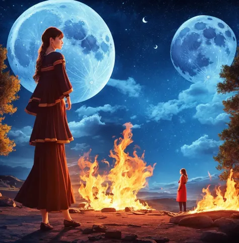 One girl with the fire blue moon and the background man