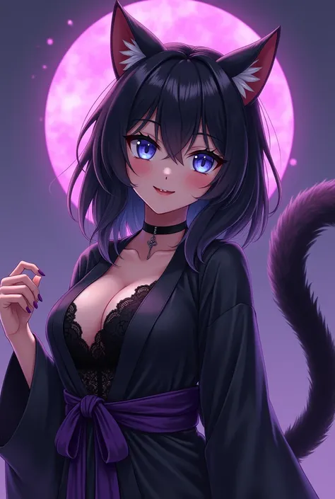 Cat girl, anime western style art, small cat ears, cat muzzle, cat muzzle, small whiskers, small whiskers, fur covered succubus tail, medium sized breasts, blue cat eyes, violet magical aura, mischievous small and cute smile, medium to small size body, bla...