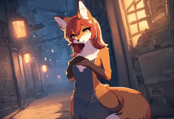 red fox, female, vixen, beautiful, hair, yellow eyes, full body, night, moody, elegant, mysterious, highres, unparalleled masterpiece, perfect artwork, absurdres, rzminjourney, vector-art, masterpiece)(kemono, furry anthro), furr covering her chest, fur co...