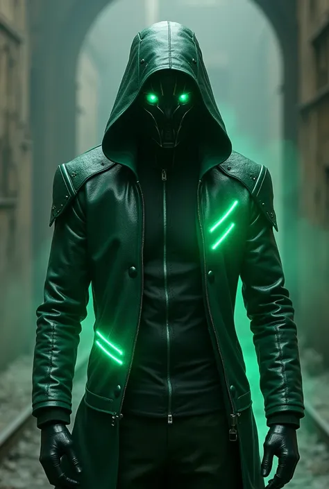 A man in a green glowing metallic earth jacket with a black iron helmet covering his face with his eyes glowing green