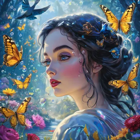 A woman, Alice in the wonderland but in snow white version, whimsical surround of forests, wave, joyful, humour, curious or playful,any kind of flowers, bubbles surrounding, birds and butterflies, river, bubble, scattered flowers, niji, journey, vibrant co...