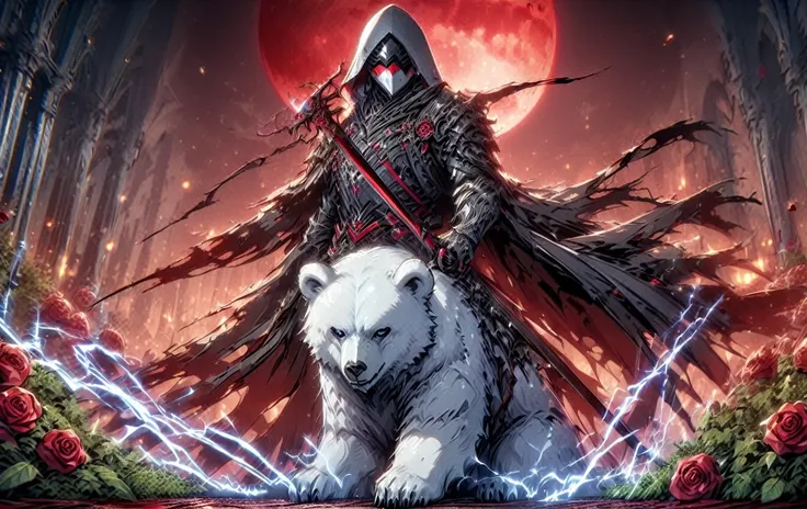 One man with a white hood with bear ears and a katana sits next to a polar bear in a forest while the blood moon shines, many Roses cover the ground and lightning falls from the sky. The man wears a red blindfold.