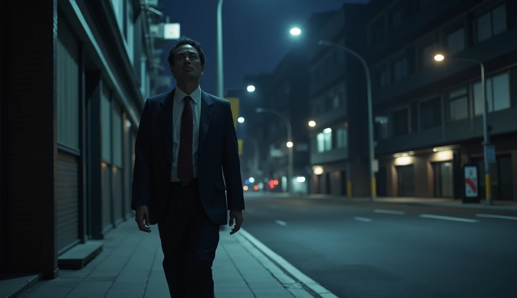 A Japanese salaryman leaving work after finishing overtime. The scene is realistic, depicting him exiting an office building late at night. The salaryman, dressed in a suit, looks tired as he steps out into the quiet night streets. The background shows dar...