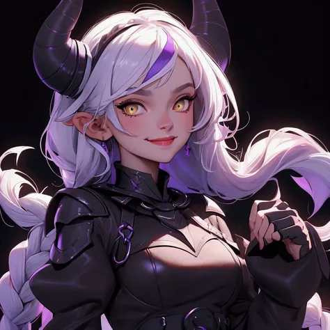 envision a 8k, highres, cinematic, beautiful close up portrait of a girl named Laplus Darkness with long white muilticolored hair, a Large Metal Collar, purple color scheme, sleeves past wrists, sleeves past fingers, braid, Long sleeves, single leg pantyho...