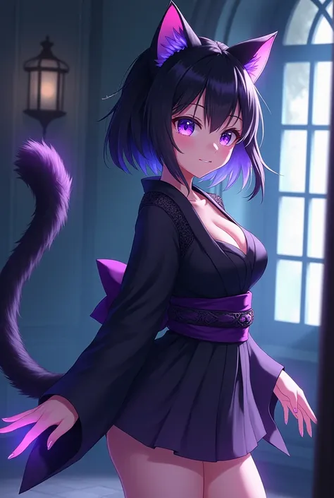 Cat girl, anime western style art, small cat ears, furry,  small whiskers, small whiskers, fur covered succubus tail, medium sized breasts, blue slightly violet colored cat eyes, violet magical aura, small closed lip smile, medium to small size body, black...