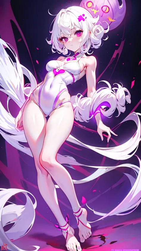 1个Giant Breast Girl, White hair, a purple eye, hollow latex，curlies, small , Be red in the face, Glow, upper legs, Bare shoulders, clavicle, Willow waist, The barefoot，(tmasterpiece), Slim body，（（full bodyesbian））