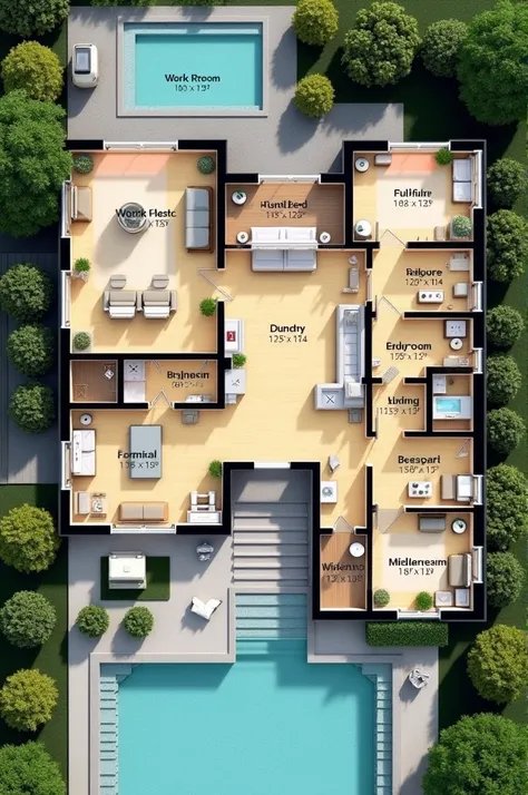 a plan of a house with an office,4 quarters ,a swimming pool , living room,dining room ,LAUNDRY ,cosina , grill cabin 
