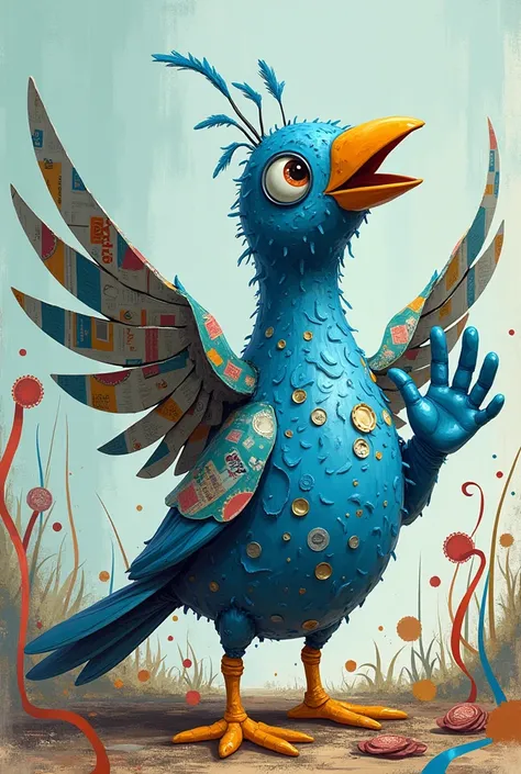 Cute drawing of a blue tilonorinco bird made of recyclable things like bottles, paper, cans that are waving animatedly
