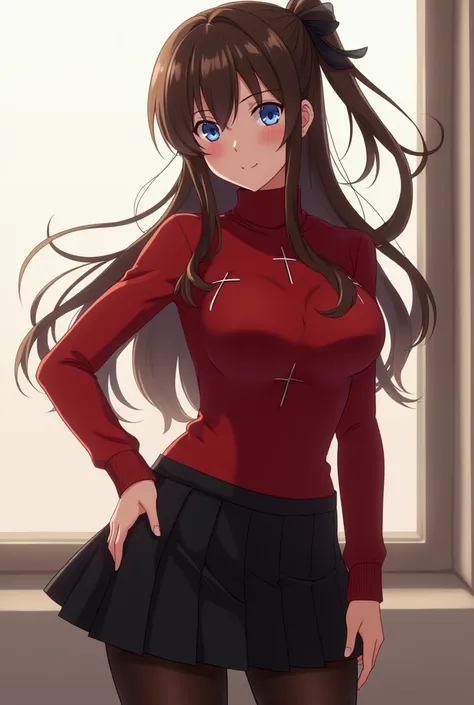 Rin Tohsaka, masterpiece, 8k, high quality, full body, small medium thighs, medium breasts, ,rin, blue eyes, brown hair, long hair, two sides up, parted bangs, black hair ribbon, red sweater, turtleneck, long sleeves, cross print, black skirt, pleated skir...