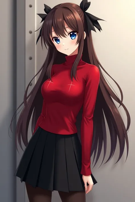 Rin Tohsaka, masterpiece, 8k, high quality, full body, small medium thighs, medium breasts, ,rin, blue eyes, brown hair, long hair, two sides up, parted bangs, black hair ribbon, red sweater, turtleneck, long sleeves, cross print, black skirt, pleated skir...