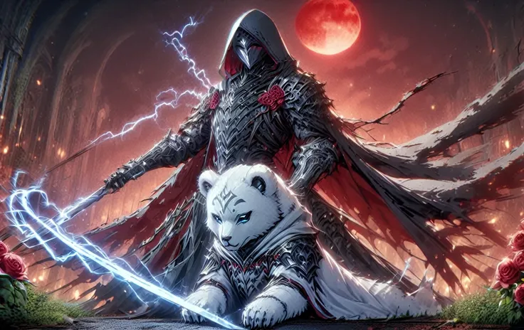 one man with a white hood with bear ears and a katana sits next to a polar bear in a forest while the blood moon shines, many ro...