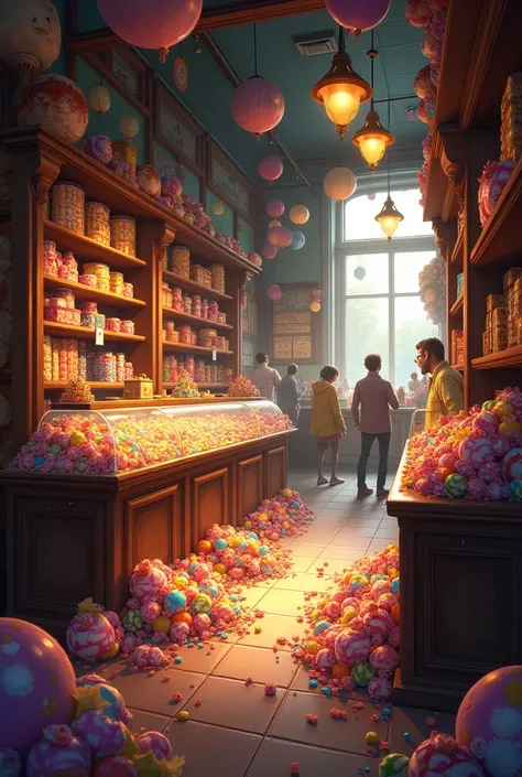 prompt (Spanish): The shop full of sweets with dim lights. Sweets are scattered on the floor and shelves..
prompt (English): The store filled with candies under dim light. Candies are scattered on the floor and shelves.
