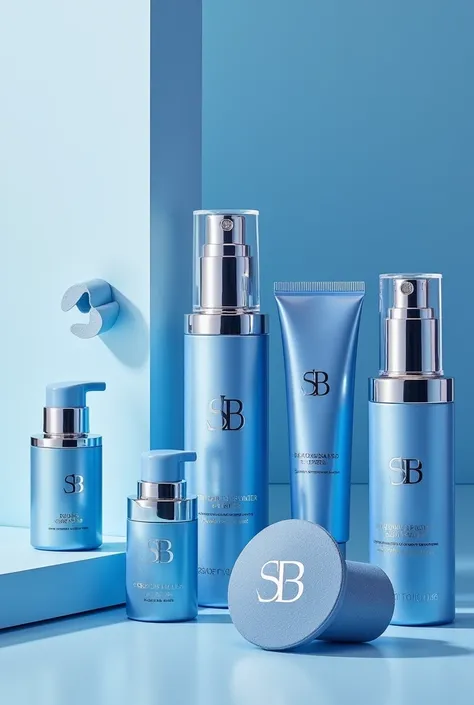 Blue and silver detailed makeup products with an “SB” logo